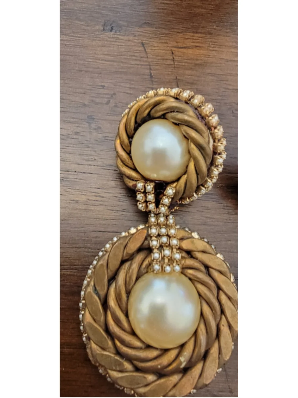 Vintage Faux Pearl Rhinestone Rope Swirl Clip On Statement Earrings Gold Tone